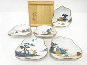 九谷焼　三ツ井為吉造　色絵　山水絵変　銘々皿　5客揃